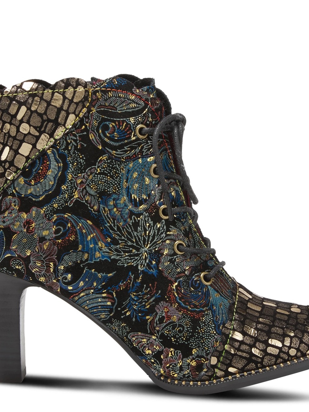 Black Floral Embroidered Lace-Up Ankle Heel with Gold Accents